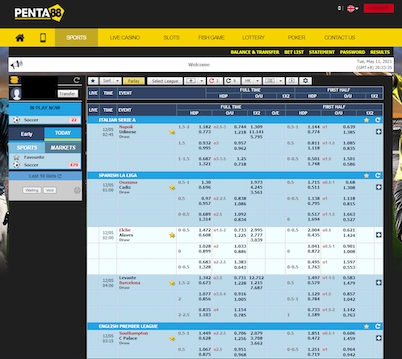 Interfaz del sitio de apuestas deportivas