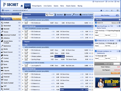 Interfaz de apuestas SBObet en el ordenador